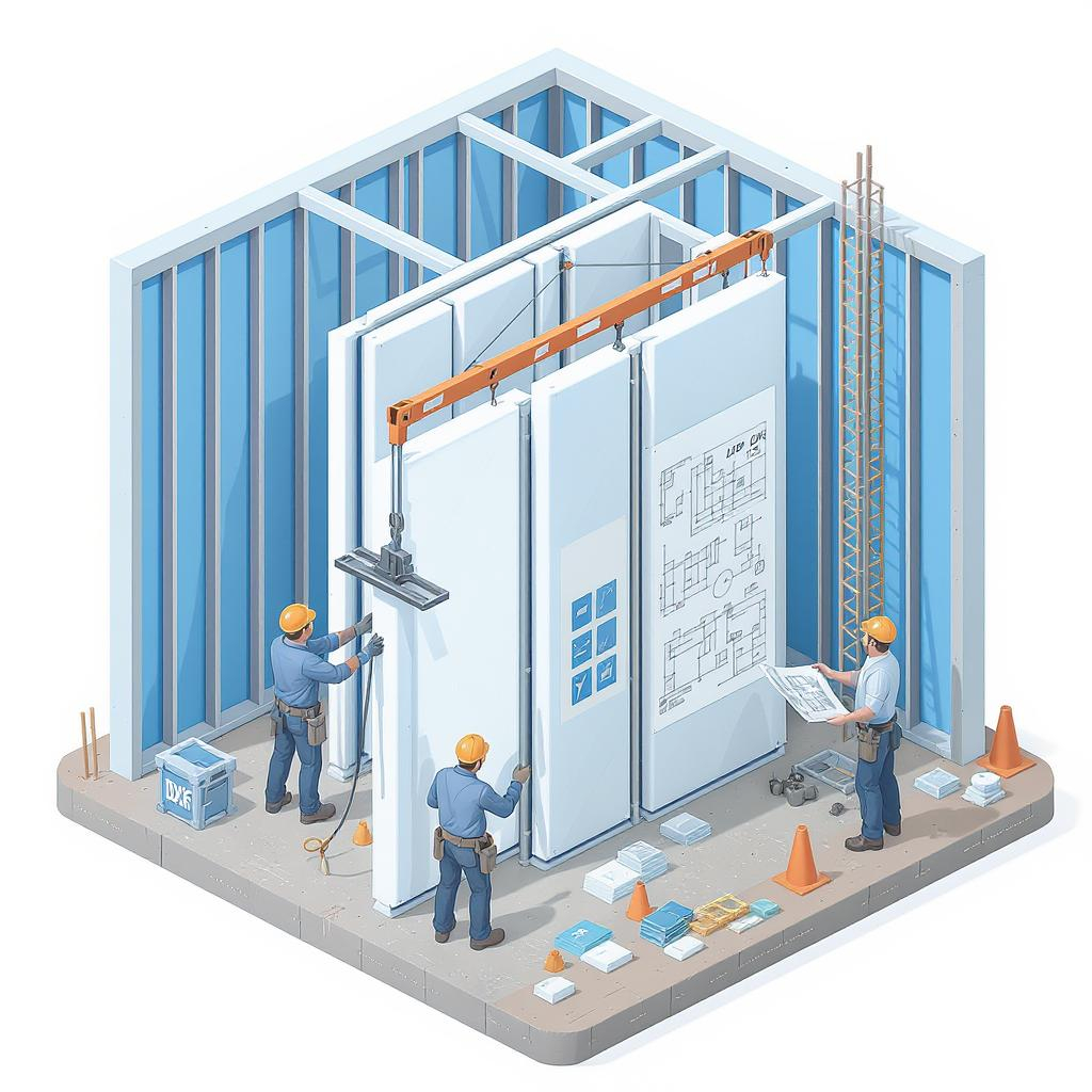 Montaj yapan profesyonel firma sahnesi - panel installation team with crane lift and blueprint